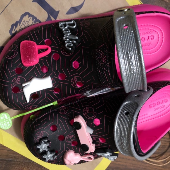 Barbie Crocs Black Pink Platform Size 9 Silver Glitter Strap New With Tags - Picture 2 of 7